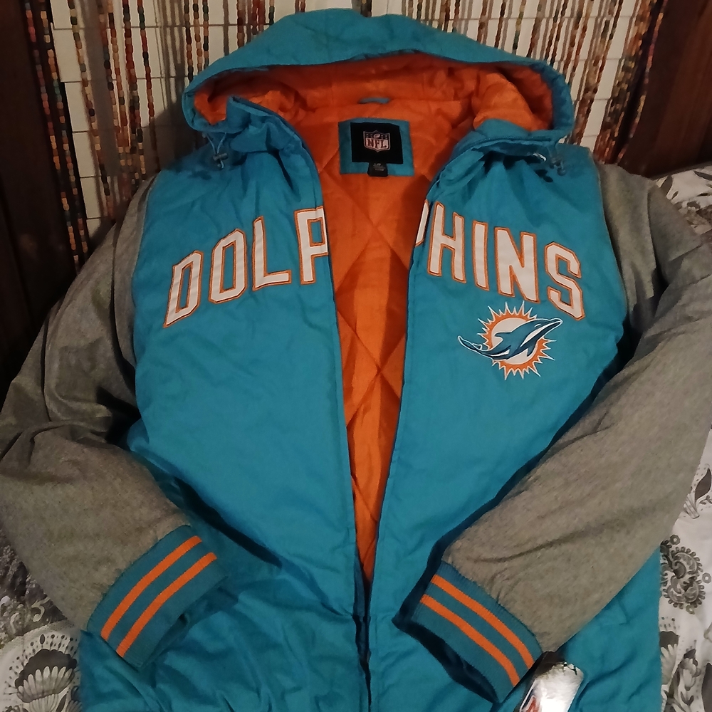 New NFL Miami Dolphins Hooded Jacket Blue Large Thin Winter Coat